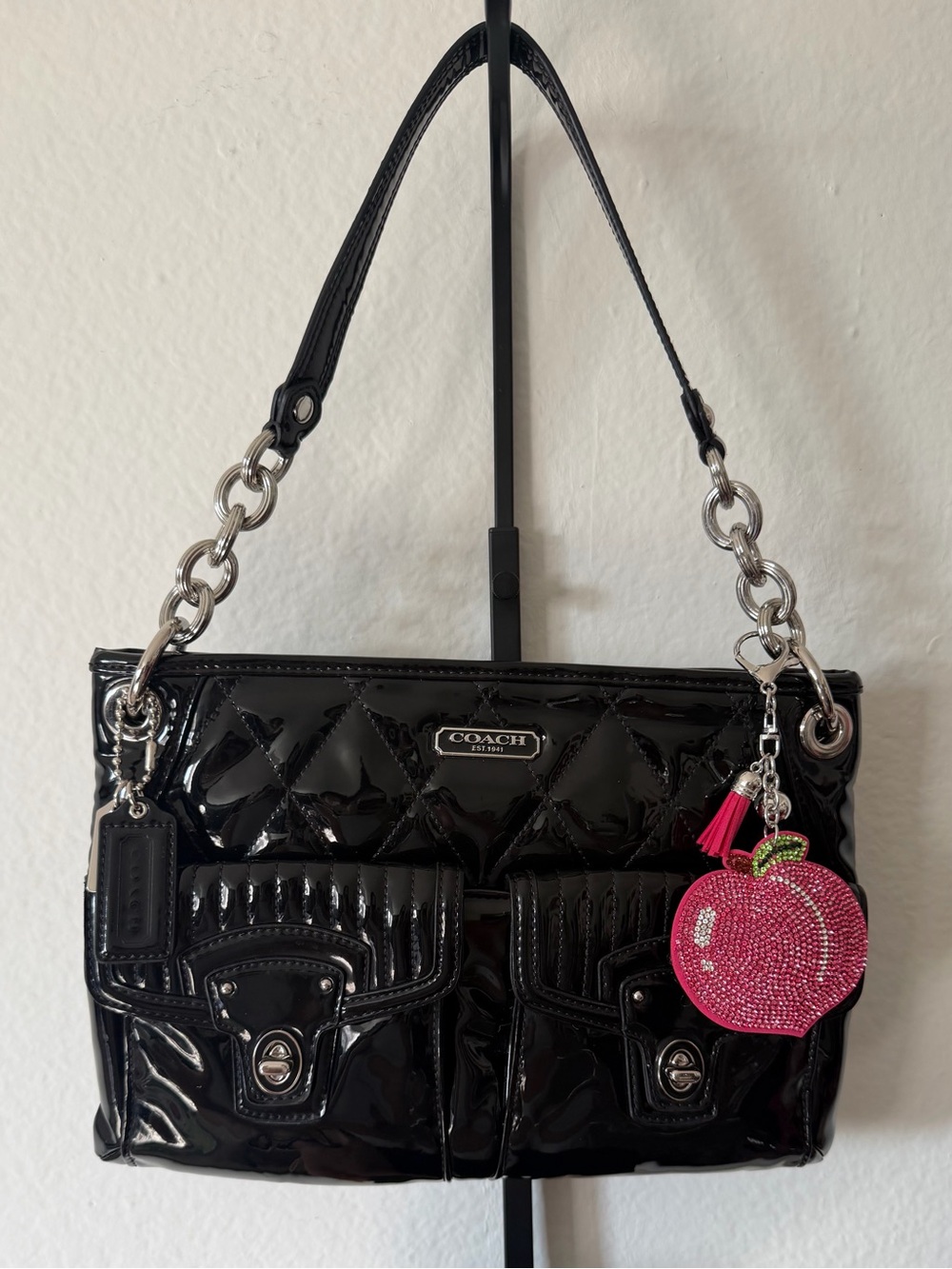 Vintage Coach Black Patent Leather Quilted Shoulder Bag / Cross Bag